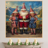 Santa Claus with Patriotic Elves in Red White and Blue Outfits with Star Hats for Fourth of July Festive Artwork on Ready to Hang 1.5" Thick Canvas Wrap, Floating Framed Canvas, Flat Rolled Canvas
